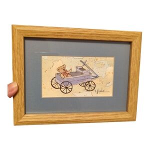 Framed watercolor Teddy Bear Art with Blue Mat